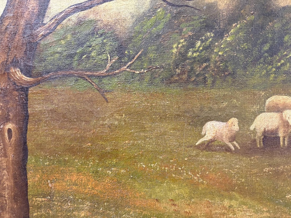 Antique Oil on Cloth Canvas Folk Art Painting "Woman with the Lambs" signed by A. H. Stuckert 1801 - 4