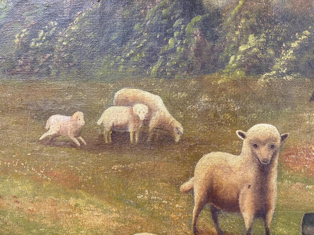 Antique Oil on Cloth Canvas Folk Art Painting "Woman with the Lambs" signed by A. H. Stuckert 1801 - 5