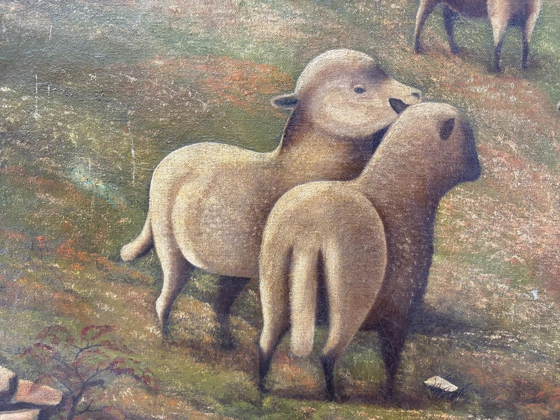 Antique Oil on Cloth Canvas Folk Art Painting "Woman with the Lambs" signed by A. H. Stuckert 1801 - 6