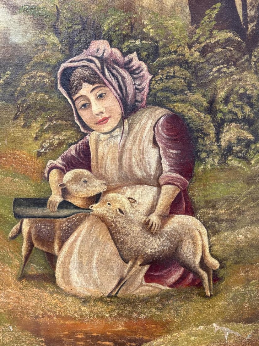 Antique Oil on Cloth Canvas Folk Art Painting "Woman with the Lambs" signed by A. H. Stuckert 1801 - 7