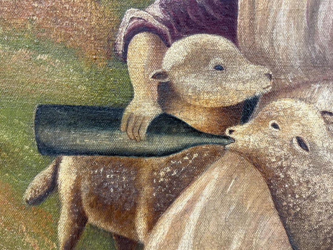 Antique Oil on Cloth Canvas Folk Art Painting "Woman with the Lambs" signed by A. H. Stuckert 1801 - 9
