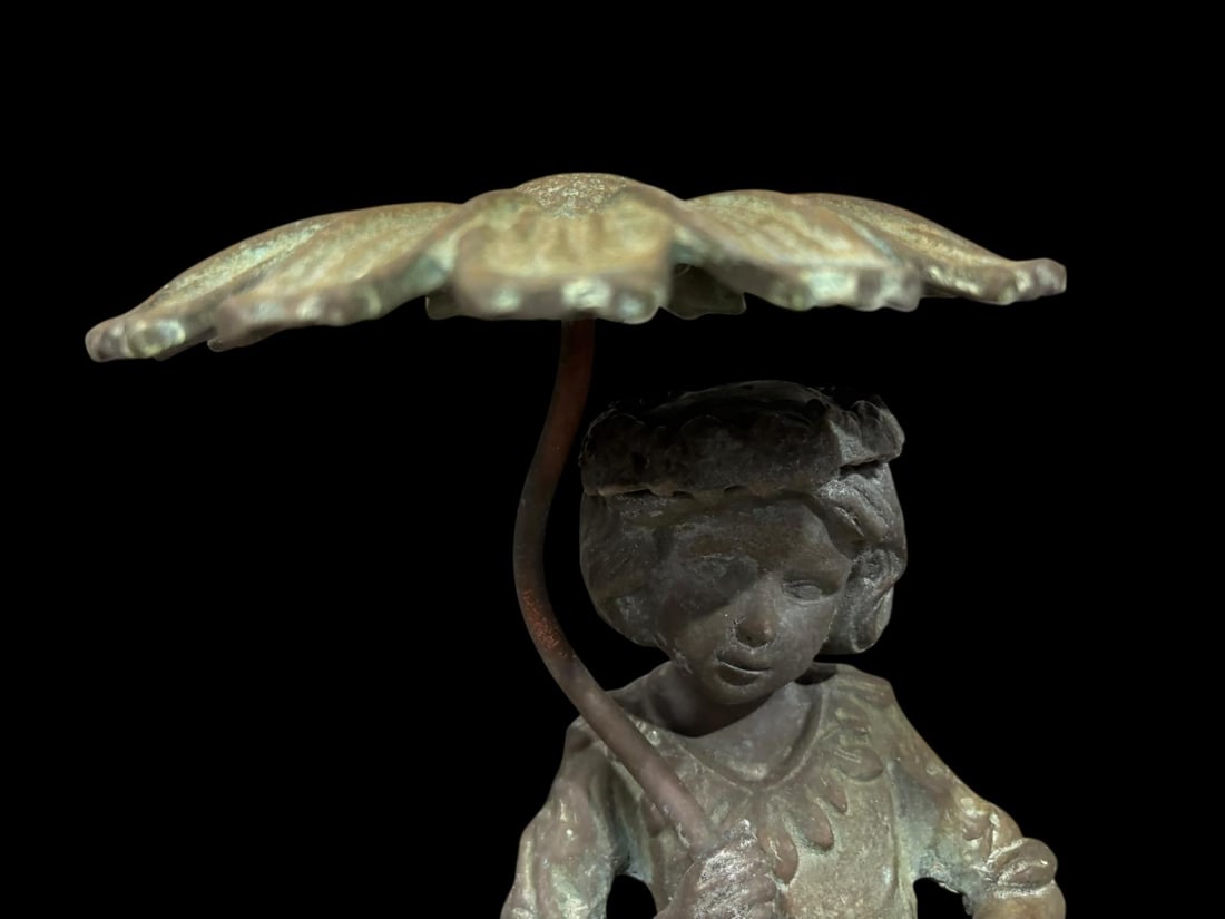 Vintage Bronze 20" Tall Fountain - Verdigras Patina - Little Girl with Umbrella - 10
