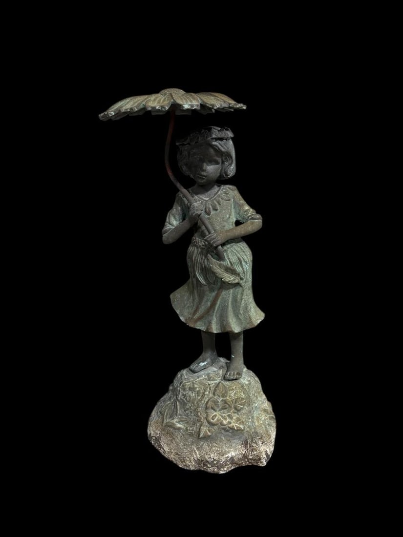 Vintage Bronze 20" Tall Fountain - Verdigras Patina - Little Girl with Umbrella - 2