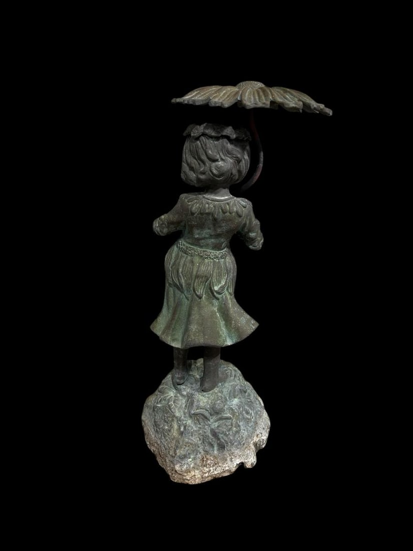 Vintage Bronze 20" Tall Fountain - Verdigras Patina - Little Girl with Umbrella - 3