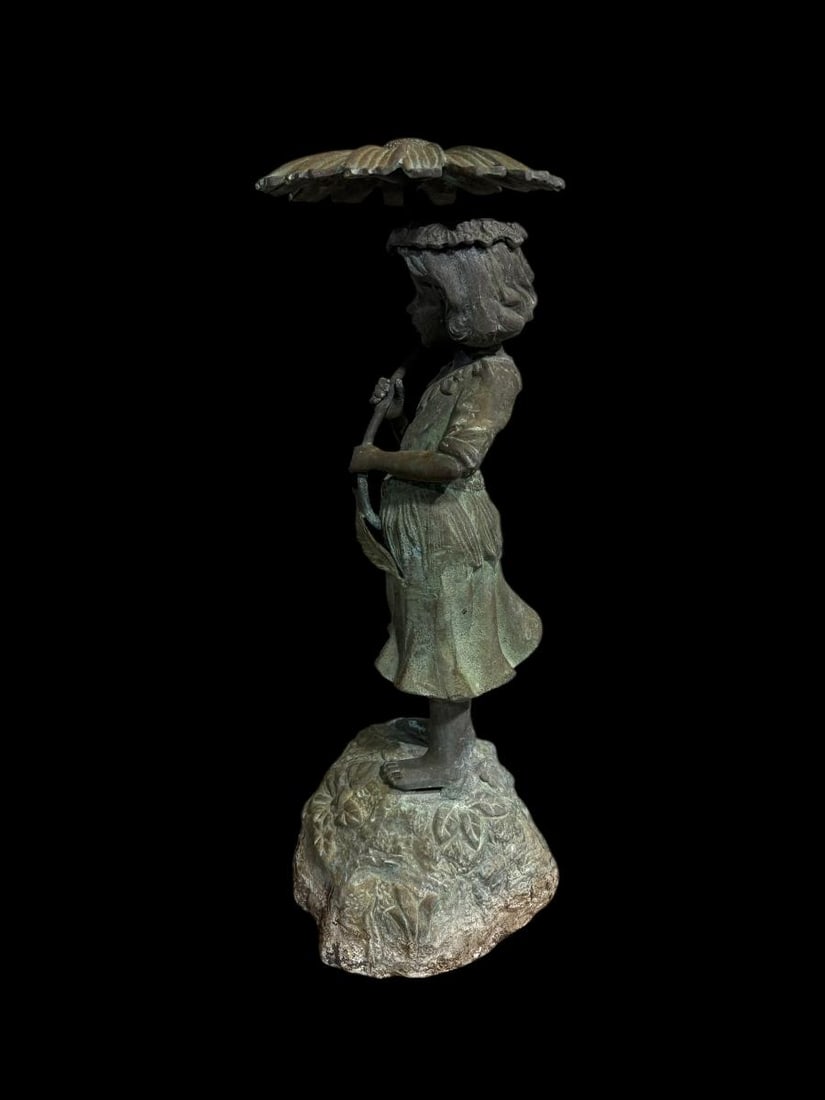 Vintage Bronze 20" Tall Fountain - Verdigras Patina - Little Girl with Umbrella - 4
