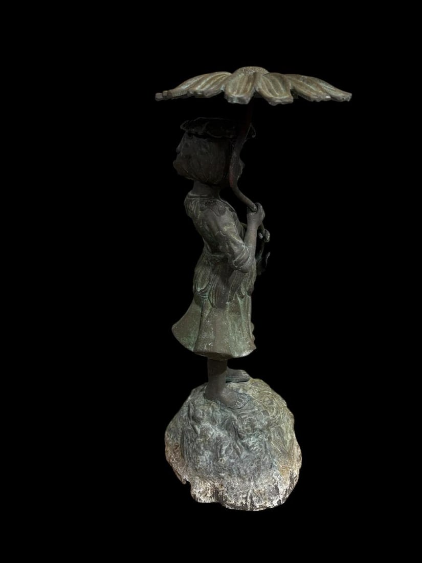 Vintage Bronze 20" Tall Fountain - Verdigras Patina - Little Girl with Umbrella - 5