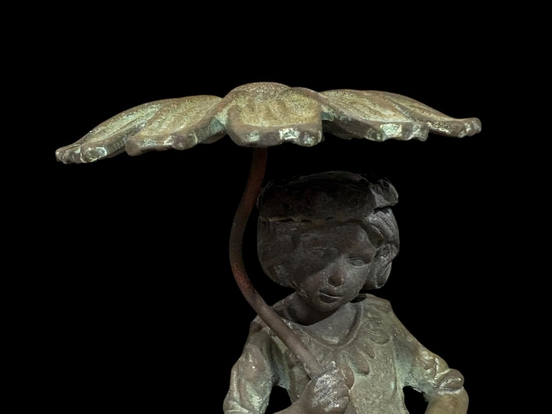Vintage Bronze 20" Tall Fountain - Verdigras Patina - Little Girl with Umbrella - 6