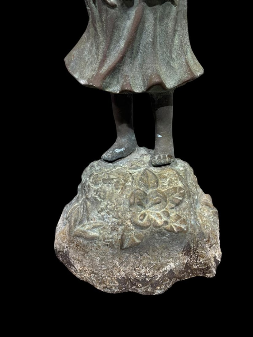 Vintage Bronze 20" Tall Fountain - Verdigras Patina - Little Girl with Umbrella - 7