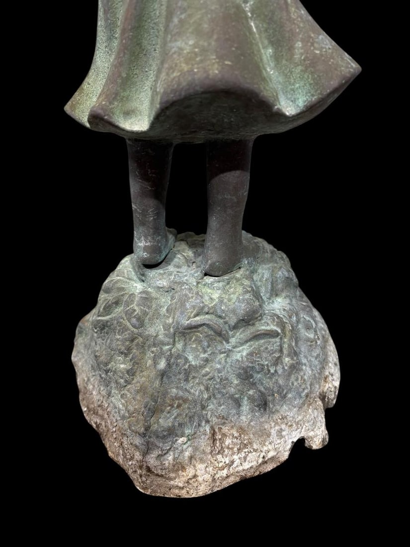 Vintage Bronze 20" Tall Fountain - Verdigras Patina - Little Girl with Umbrella - 8