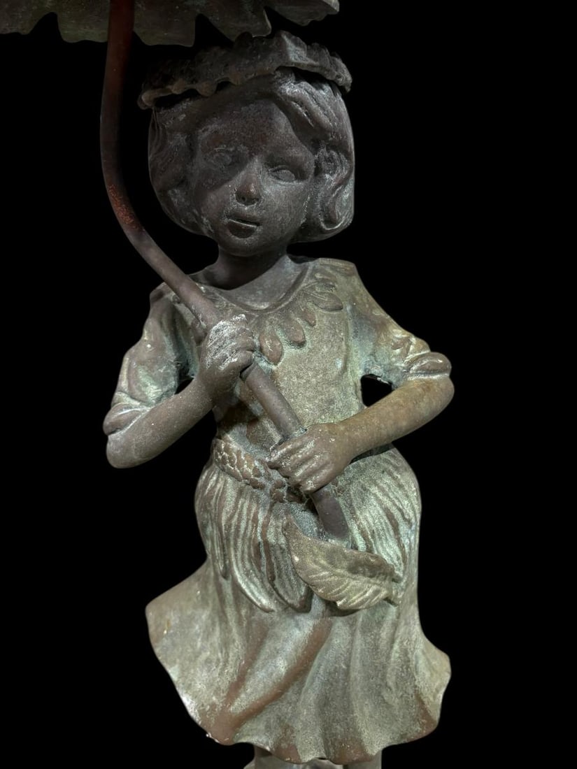 Vintage Bronze 20" Tall Fountain - Verdigras Patina - Little Girl with Umbrella - 9
