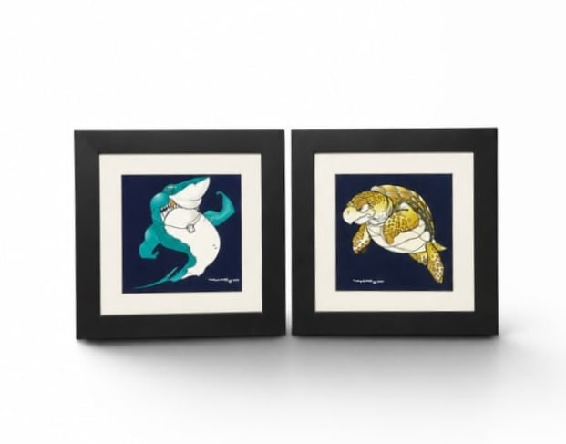 Pair of Wyland Caricature Sea Life Prints Sea Turtle & Shark (1 of 10)