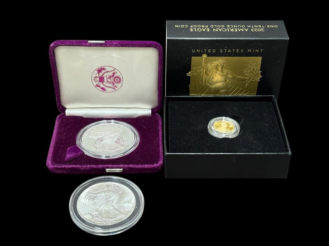 Estate Lot of Coins, 2 - American Silver Eagles 1986 (S) & 1 - 2023 American Eagle Gold Coin 1/10 o (1 of 14)