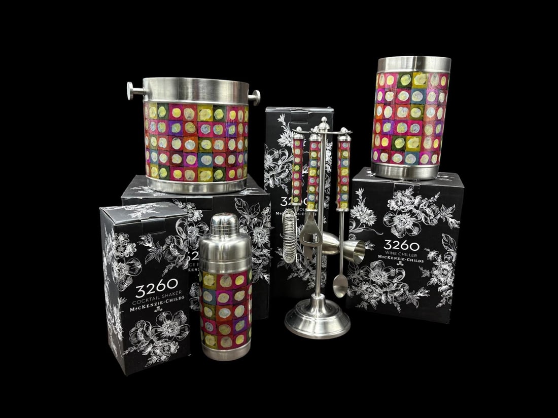 MacKenzie Childs 4 pc 3260 (retired pattern) Bar Set- Multi Color Polka Dots w/Boxes (1 of 16)