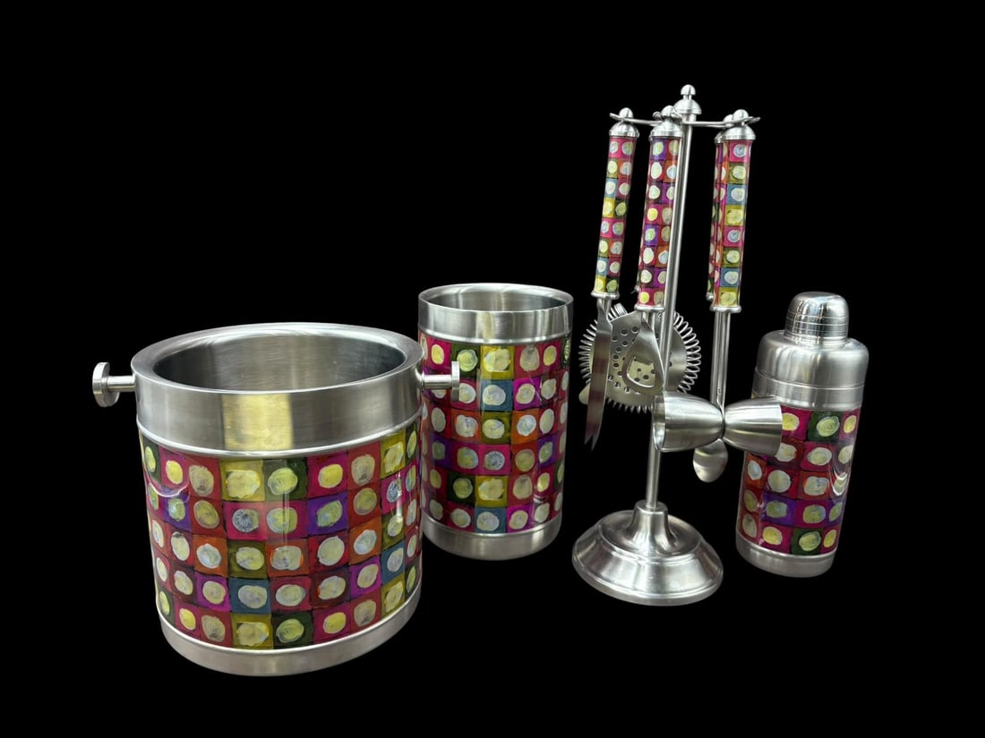 MacKenzie Childs 4 pc 3260 (retired pattern) Bar Set- Multi Color Polka Dots w/Boxes - 2