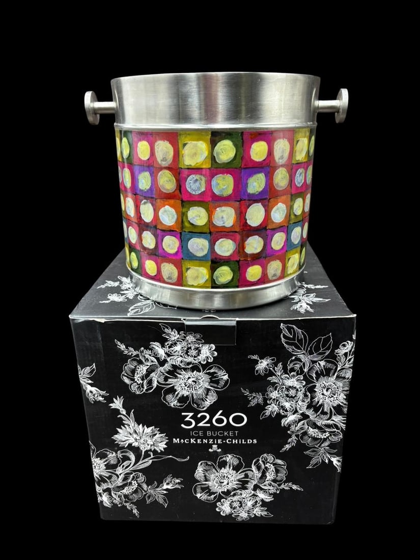 MacKenzie Childs 4 pc 3260 (retired pattern) Bar Set- Multi Color Polka Dots w/Boxes - 3