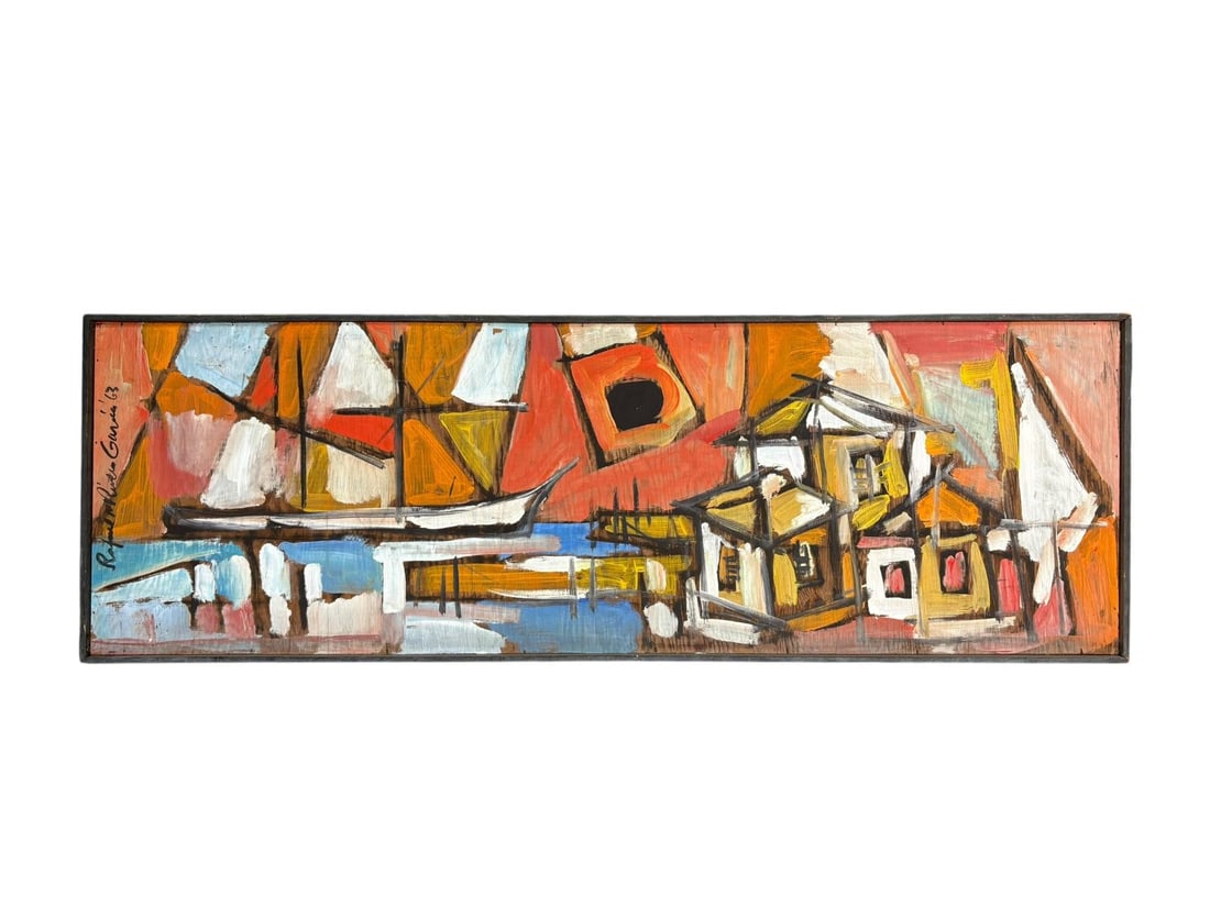 1963 Mid Century Modern Abstract Painting on Board signed by Artist Rafael Rivera Garcia: 1963 Mid Century Modern Abstract Painting on Board signed by Artist Rafael Rivera Garcia. Born in NYC, 1930, Garcia since 2012 has lived in Puerto Rico. The painting is vibrant in color, painted in ac