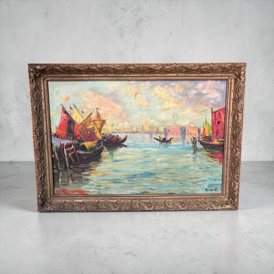 Large Oil on Canvas Italian Boat & Water Scene signed Bianchi (1 of 19)