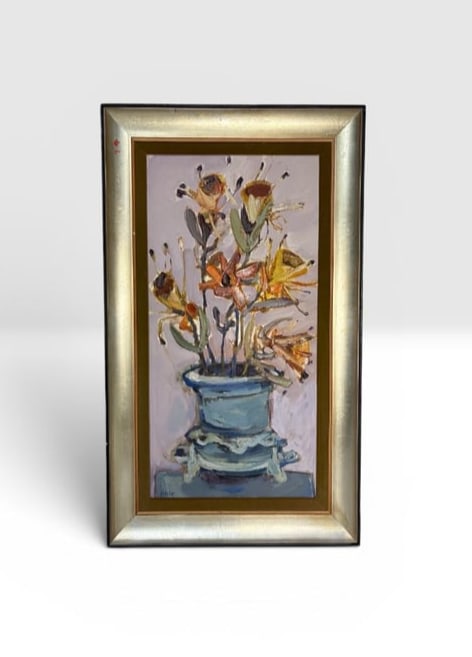 1969 MCM Original Oil Painting by South African Artist Aileen Lipkin "Flowers in a Pot": 1969 MCM Original Oil Painting by South African Artist Aileen Lipkin "Flowers in a Pot". Aileen Lipkin (1933–1994) was a prominent South African artist. Aileen Lipkin, also known as Arca Vigraha Das