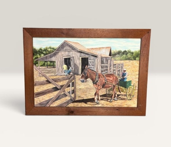 Vintage Farmhouse Scene with Horse Drawn Cotton Wagon signed J. Sanders (1 of 18)