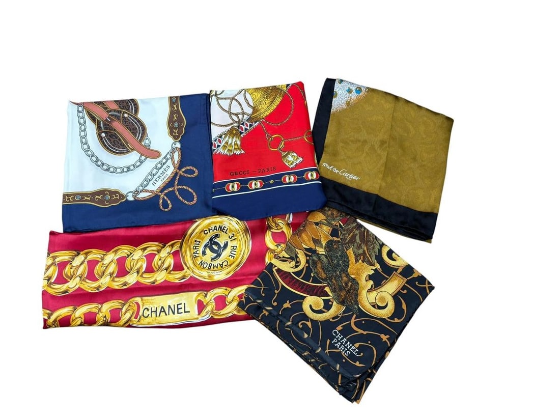 Estate Lot of 5 French Designer Silk Scarves- Chanel, Gucci, Hermes & Cartier Paris: Estate Lot of 5 French Designer Silk Scarves- Chanel, Gucci, Hermes & Cartier Paris. 1). Chanel Paris 34" x 34" silk Red Chain Pattern scarf with rolled edges. No damage to the scarf. 2). Chanel Flora