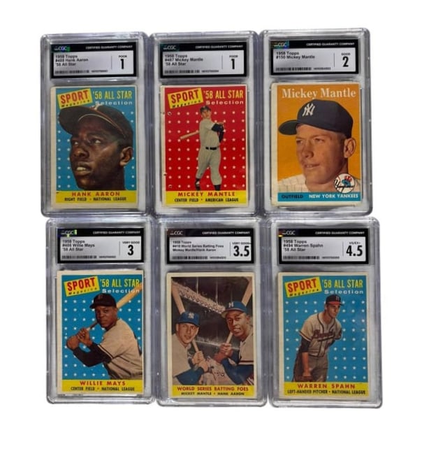 1958 Topps (6) Graded Baseball Card Lot Hank Aaron, M Mantle, W. Mayes & W. Spahn: 1958 Topps (6) Graded Baseball Card Lot Hank Aaron, M Mantle, W. Mayes & W. Spahn 1- 1958 #488 Hank Aaron '58 All Star, Graded 1. 2- 1958 #487 Mickey Mantle '58 All Star Graded 1. 3- 1958 #150 Mickey 