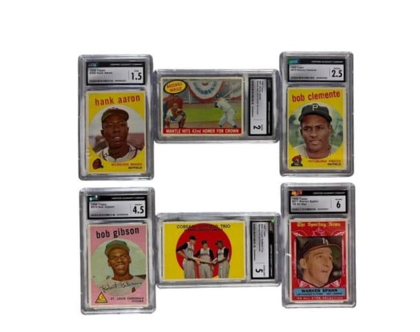 1959 Topps (6) Graded Baseball Card Lot H Aaron, M Mantle, B Clemente, Gibson, Sphan: 1959 Topps (6) Graded Baseball Card Lot H Aaron, M Mantle, B Clemente, Gibson, Sphan. 1- 1959 #380 Hank Aaron Milwaukee Braves Outfield Graded 1.5. 2- 1959 #461 Mickey Mantle "Mantle Hits 42nd Homer f