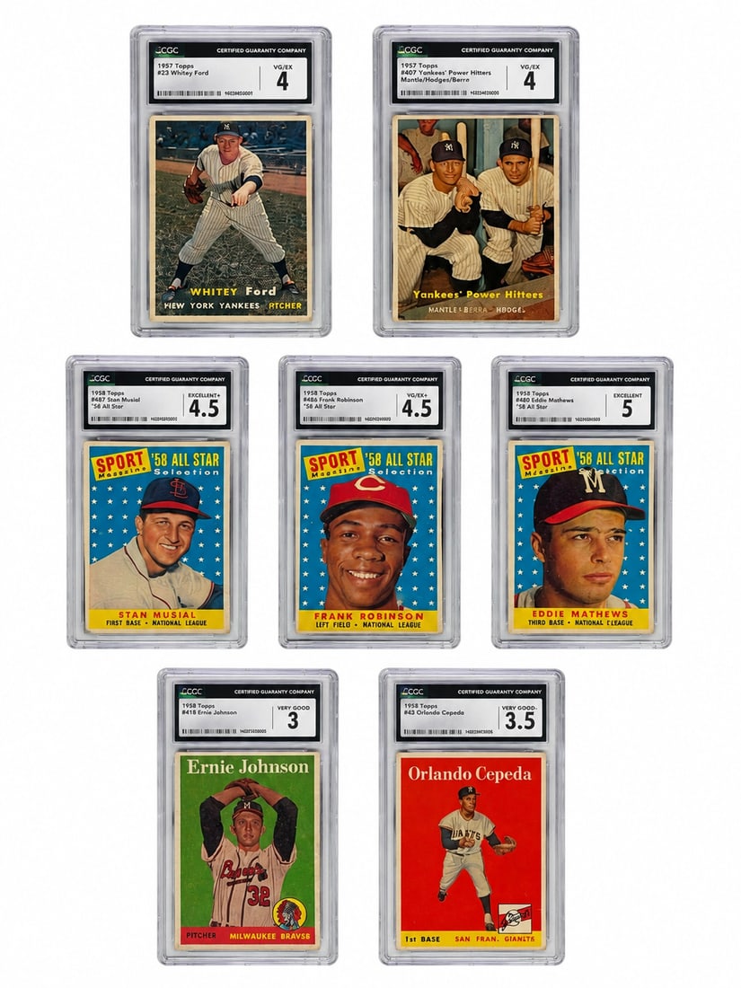 1957-1958 Topps (7) Graded Baseball Card Lot Mantle, Berra, Robinson, Ford, Musial, Cepeda...: 1957-1958 Topps (7) Graded Baseball Card Lot Mantle, Berra, Robinson, Ford, Musial, Cepeda... 1- 1957 #407 Yankee's Power Hitters Mickey Mantle/Yogi Berra ; Graded 4. 2- 1957 #25 Whitey Ford NY Yankee