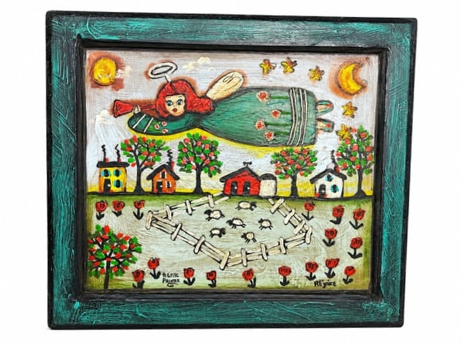 American Folk Art on Board "Rejoice" by Pennsylvania Artist Bonnie Grilli: American Folk Art on Board "Rejoice" by Pennsylvania Artist Bonnie Grilli. Best known for her whimsical style this is a primitive style works on board showing an angel figure flying over a farm with s