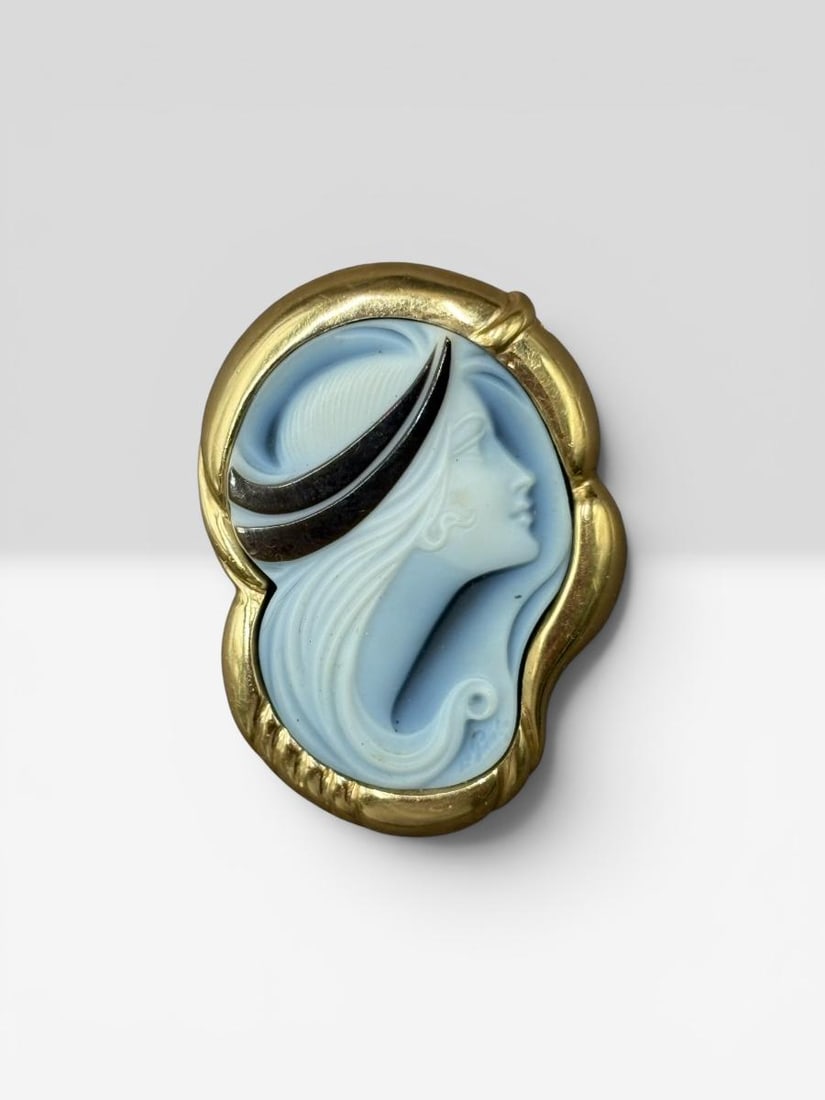 Signed Erwin Pauly Art Deco Style Cameo Brooch 14K Gold Frame (1 of 5)