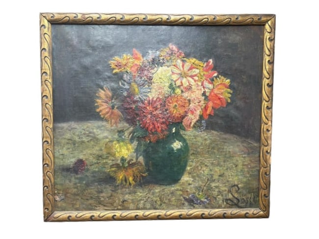 Antique Still Life Floral Arrangement Oil Painting Signed Sossl: Antique Still Life Floral Arrangement Oil Painting Signed Sossl. This appears to be be a very old European painting. It is painted on a linen flax and hemp canvas. The palet is bright and colorful, a 