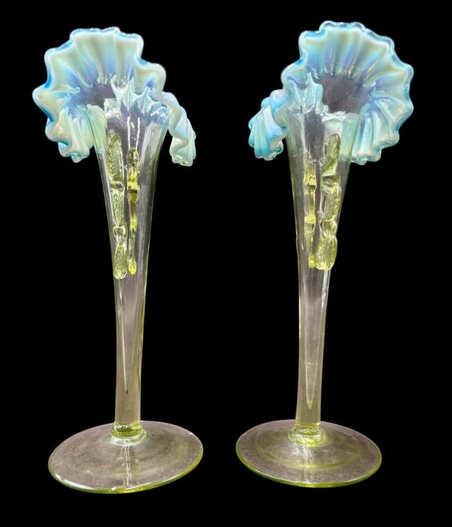 Antique Pair of Opalesent Vaseline Glass Trumpet Flower Vases (1 of 12)