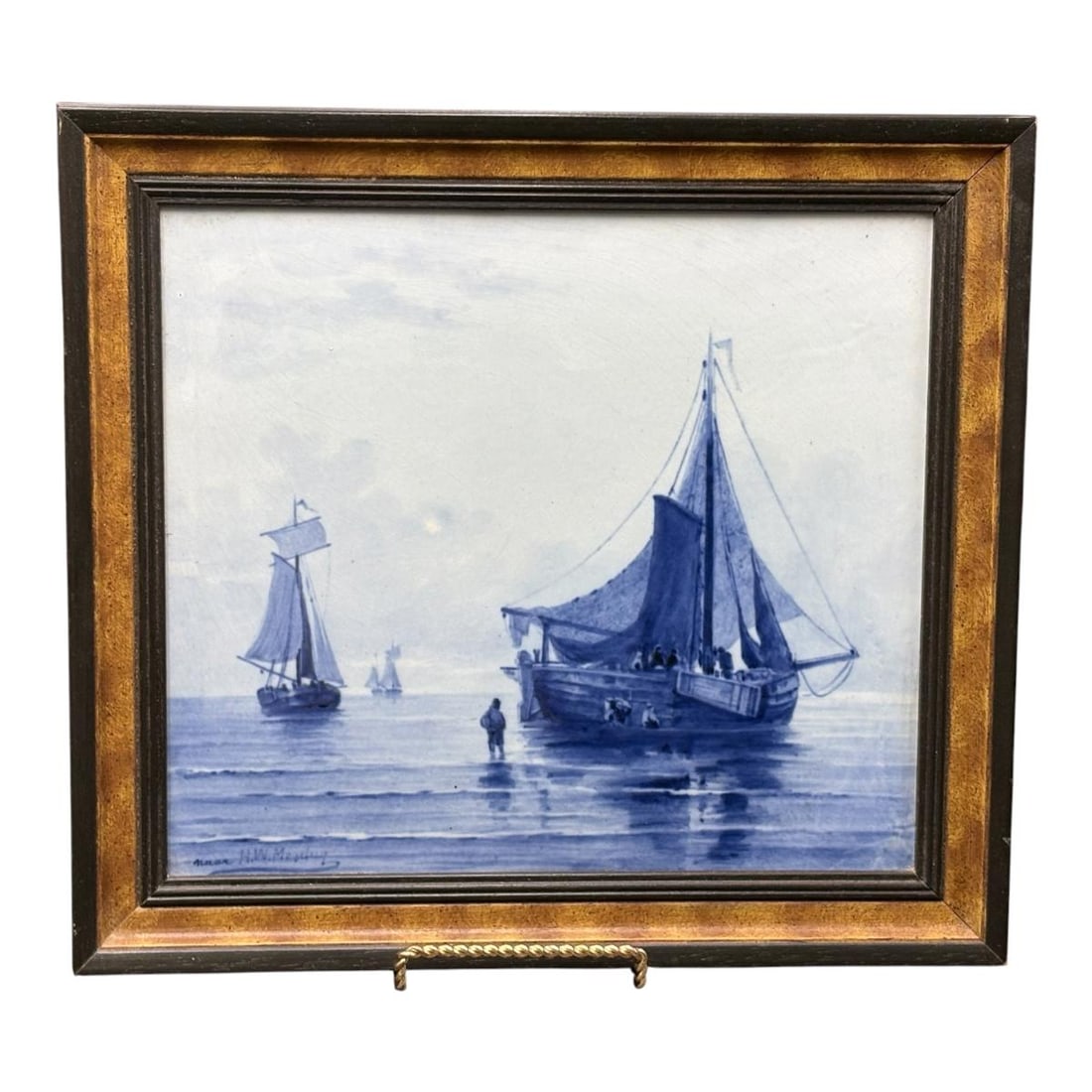 Framed Antique Delft Hand Painted and Signed H. W. Mesdag - Ships Porcelain Tile (1 of 12)