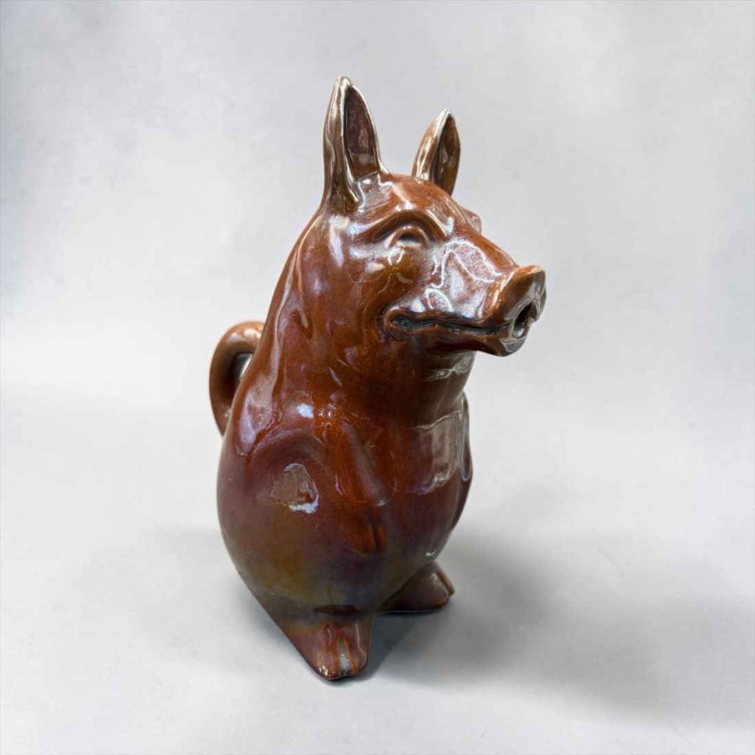 Early Pottery Ceramic Glazed Pig Pitcher marked 121 E V (1 of 10)