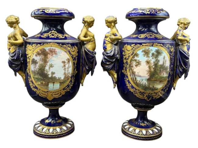 Antique French Sevres Style Signed Porcelain Hand Painted Urns - 2