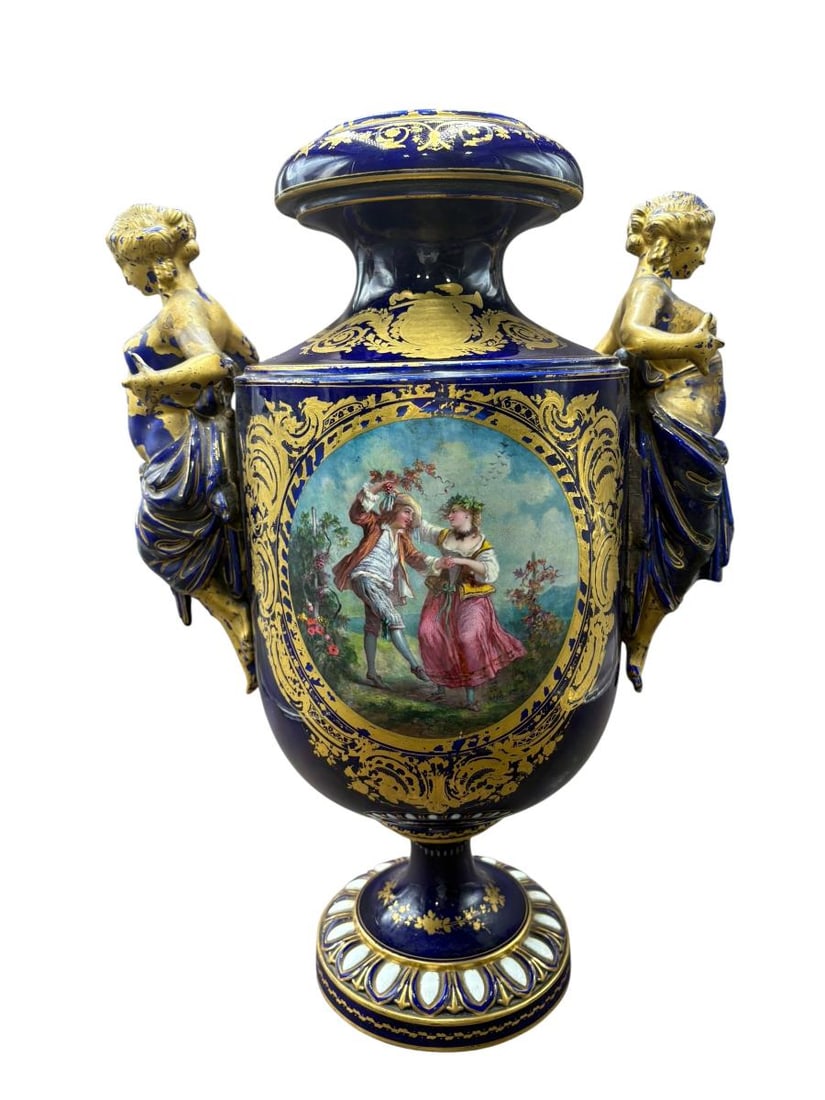 Antique French Sevres Style Signed Porcelain Hand Painted Urns - 3