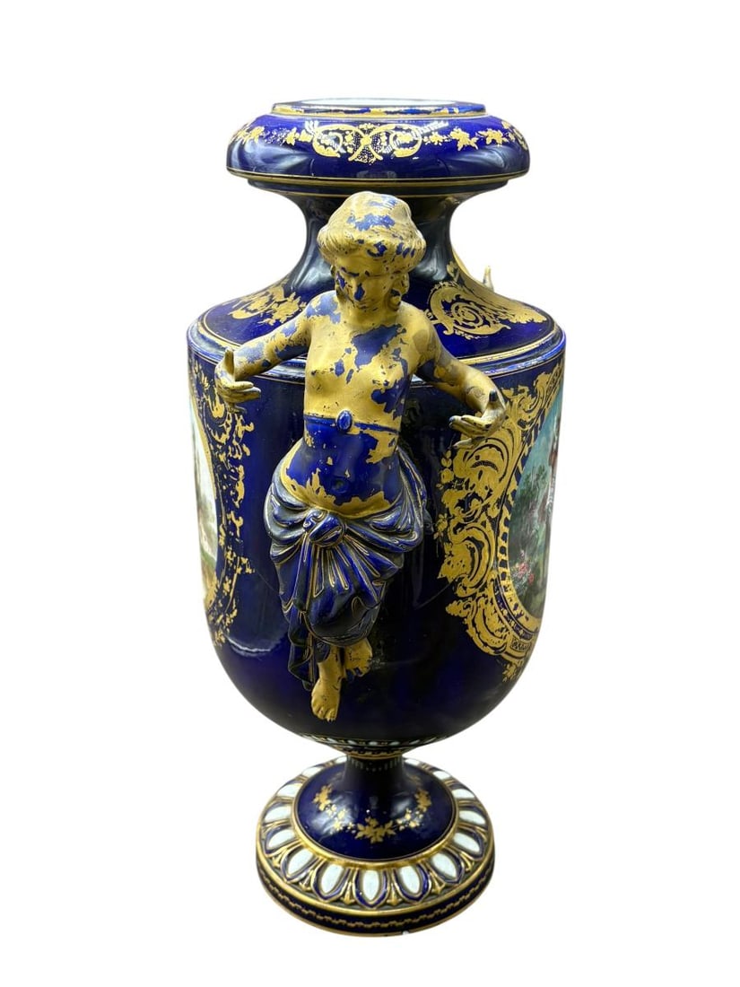Antique French Sevres Style Signed Porcelain Hand Painted Urns - 4