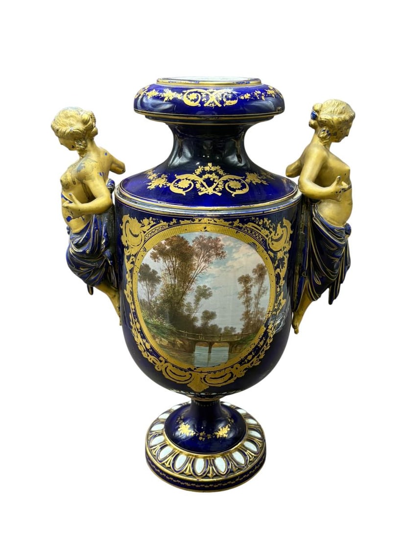 Antique French Sevres Style Signed Porcelain Hand Painted Urns - 7