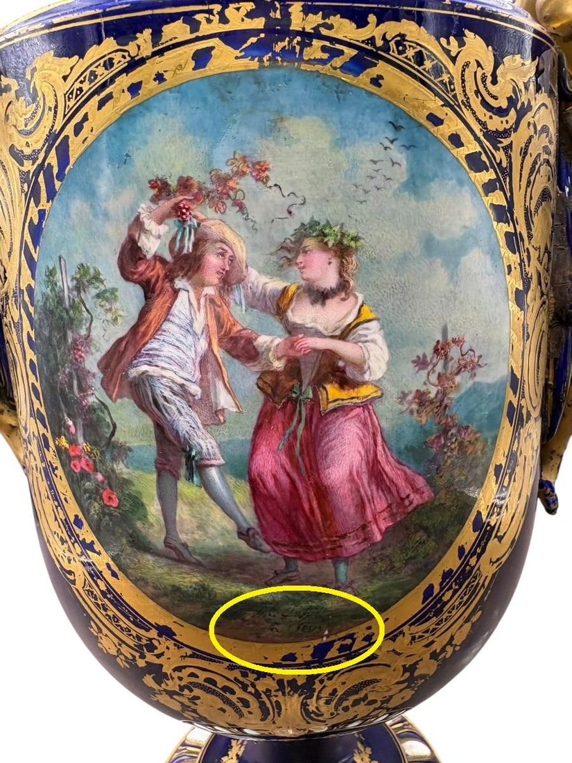 Antique French Sevres Style Signed Porcelain Hand Painted Urns - 8