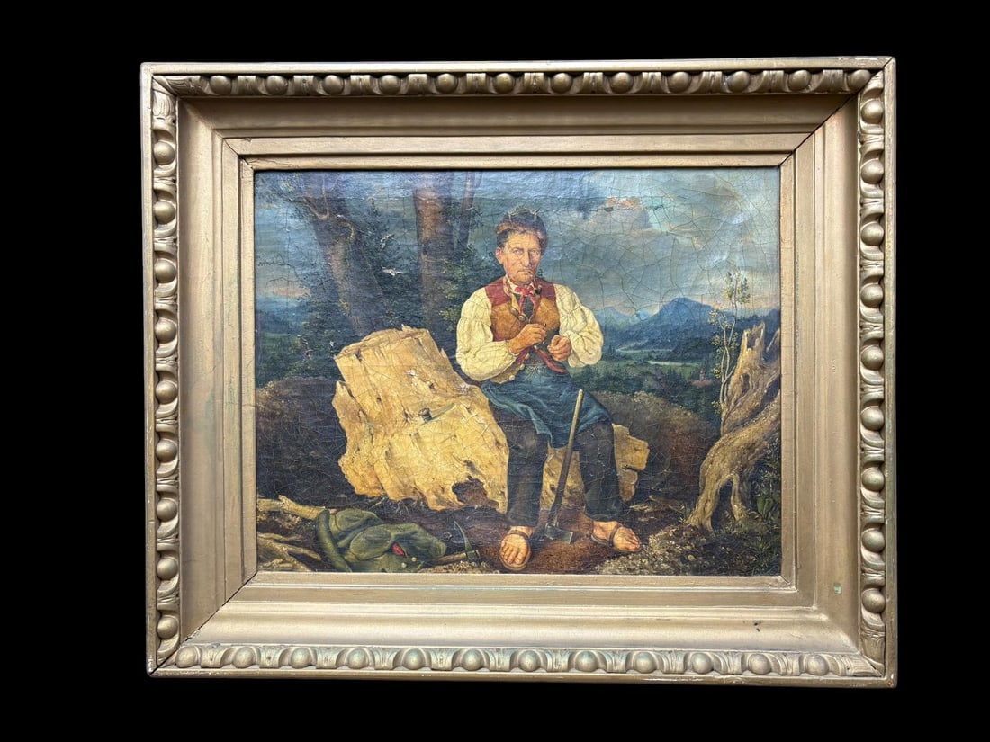 Antique Oil Painting on Hemp/Cotton Canvas "Old Man on the Mountain with his Axe" (1 of 20)
