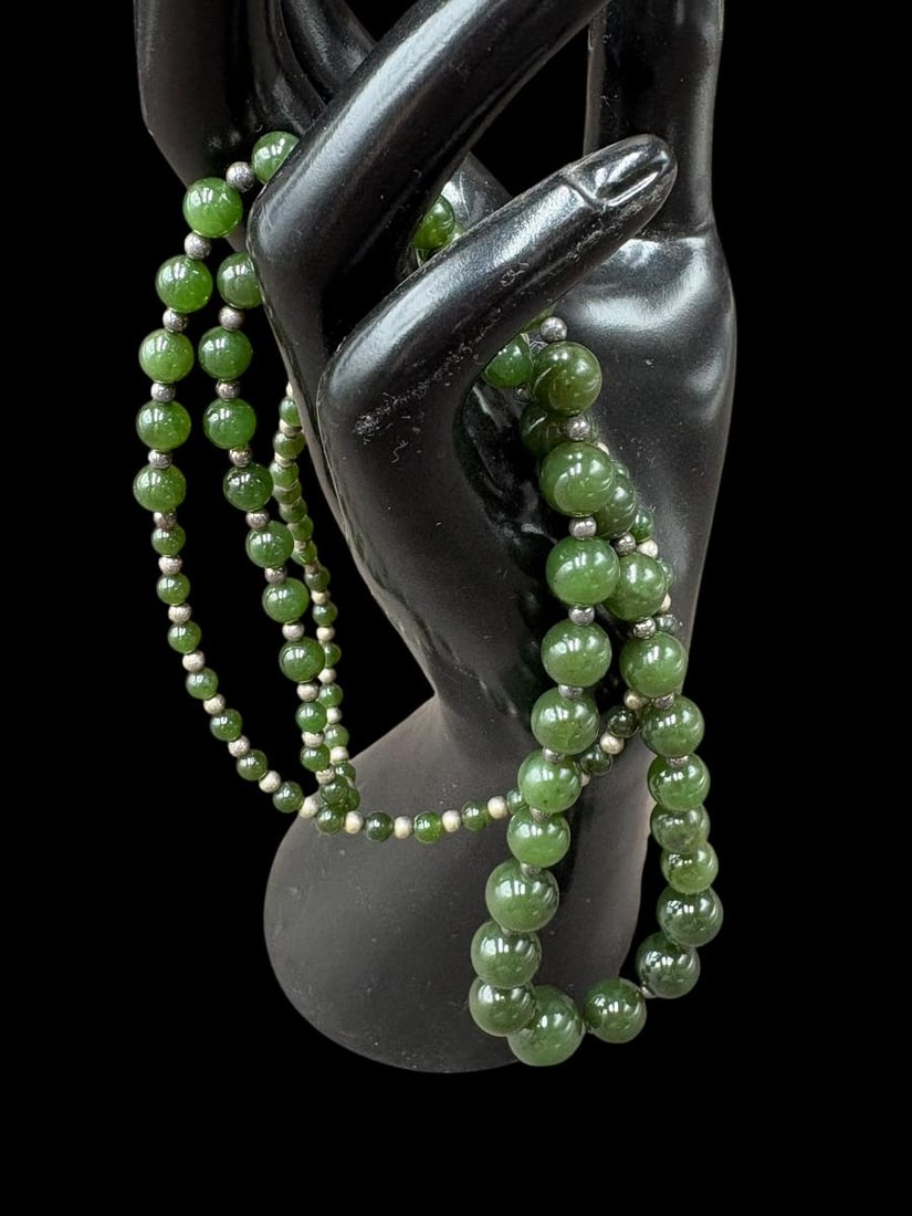Estate Lot of 2 - Jade Beaded Necklaces Light & Dark Jade 15" Drop - 6
