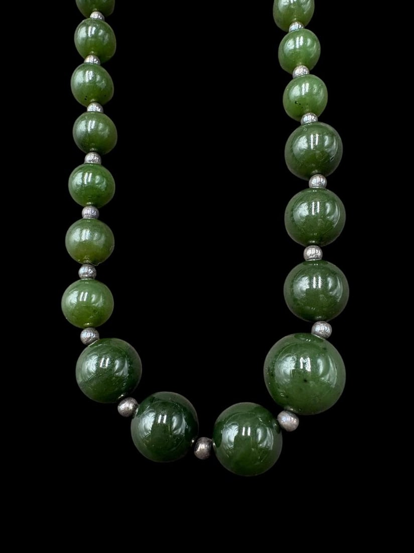 Estate Lot of 2 - Jade Beaded Necklaces Light & Dark Jade 15" Drop - 7