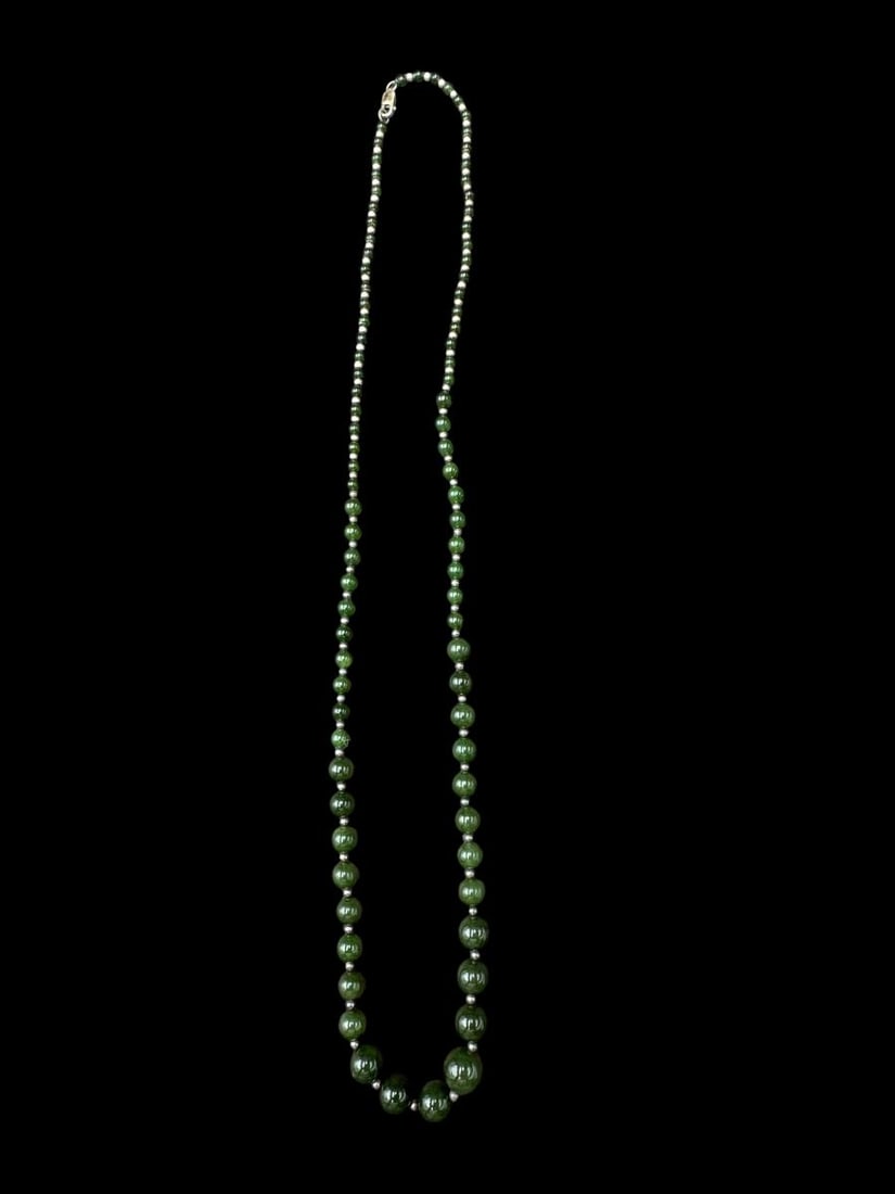 Estate Lot of 2 - Jade Beaded Necklaces Light & Dark Jade 15" Drop - 8