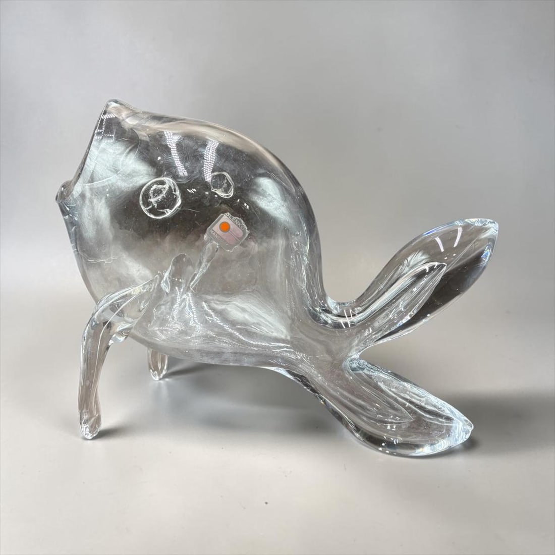 Large Vintage Blenko Clear Art Glass Fish Sculpture: Large Vintage Blenko Clear Art Glass Fish Sculpture. This is a very nice Blenko sculpture of a clear open mouth fish. It still has the original Blenko sticker attached. There is no damage, chip, nicks