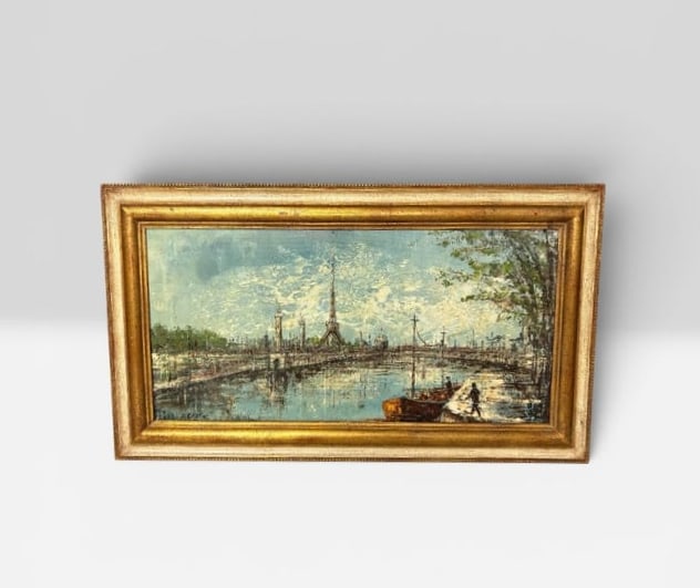 Vintage Mid Century Oil on Canvas attached to Board Painting French Scene signed H. Garf: Vintage Mid Century Oil on Canvas attached to Board Painting French Scene signed H. Garf. This painting is a scene from the Seine River in France with the Eiffel Tower in the background. Signed on the