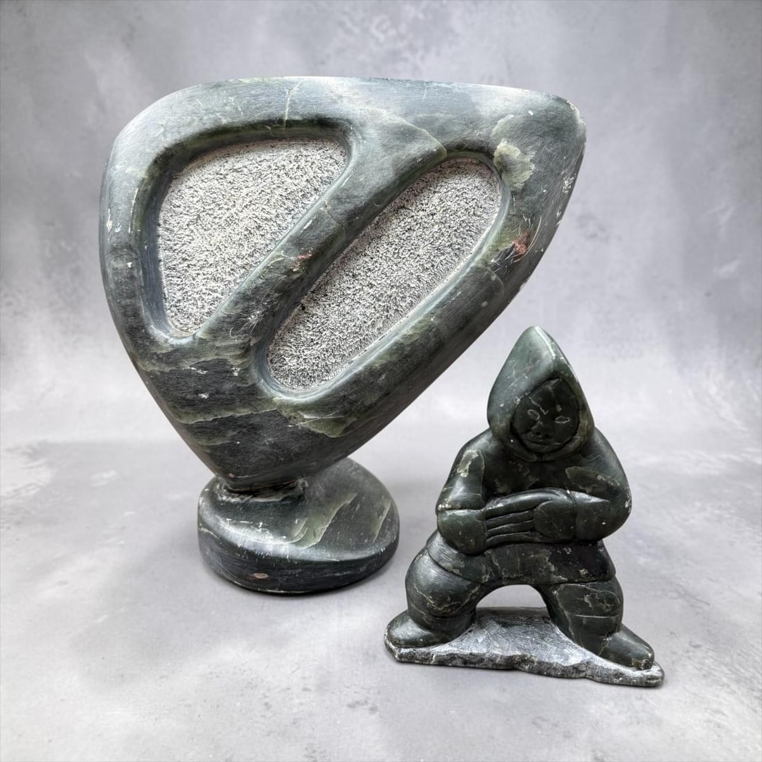 Lot of 2 Inuit Soapstone Carved Sculptures: Abstract & Eskimo (1 of 17)