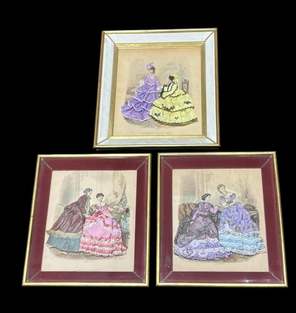 Lot of 3 Antique French La Mode Illustree Women's Fashion Clothing Engraving Shadow Box Art (1 of 12)