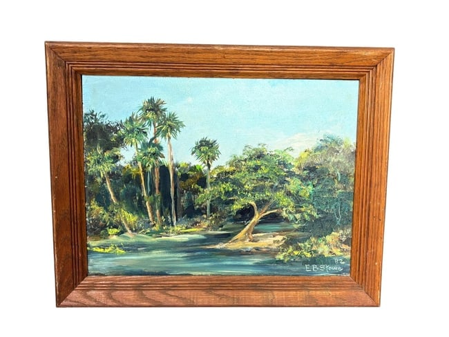 1982 Florida Water & Palm Tree Scene Oil on Board signed E.B. Stowe (1 of 13)