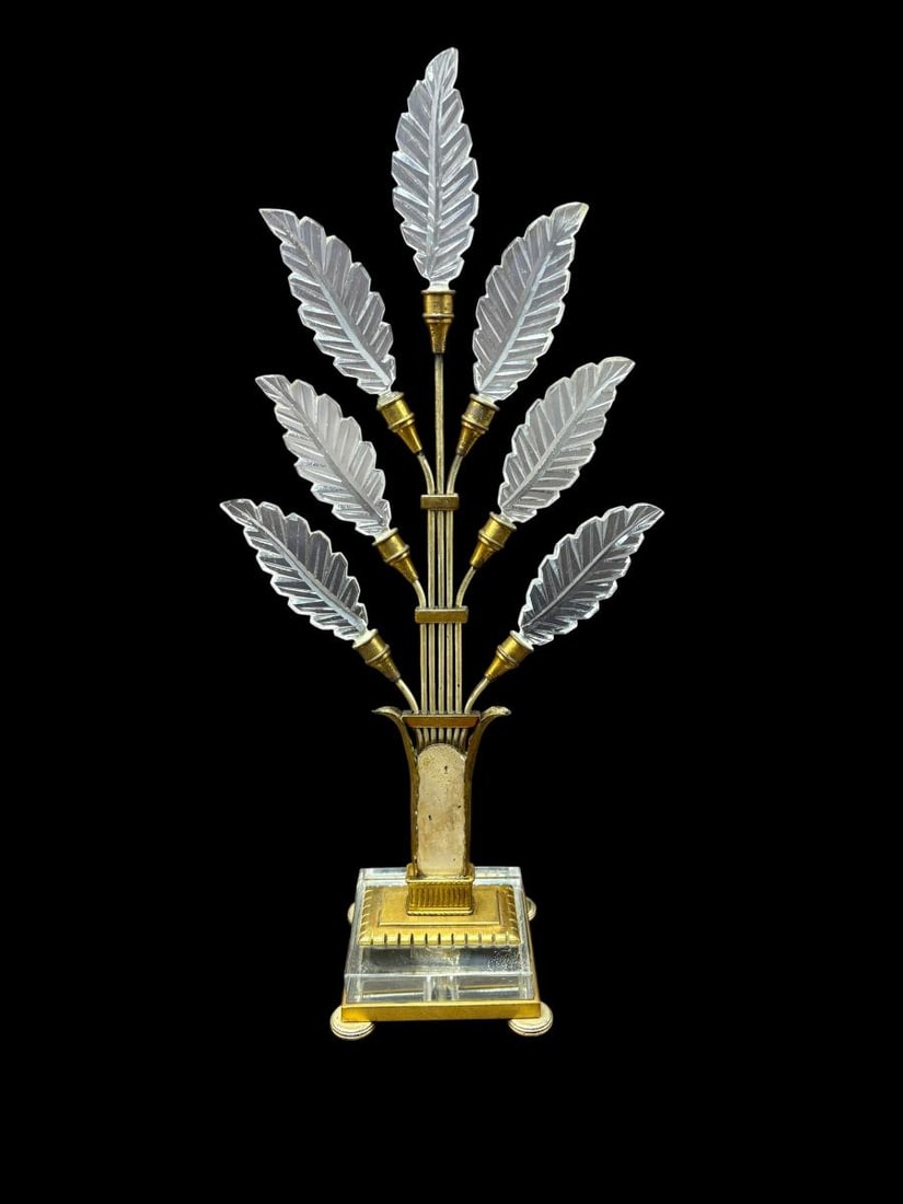 Early 20th Century Art Deco 16.5" Crystal and Brass Decorative Piece: Early 20th Century Art Deco 16.5" Crystal and Brass Decorative Piece. Not positive if this was a part of another piece possible a lamp but it is very unique with 7 glass leaves spreading out with a lu