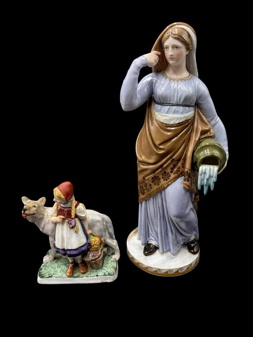 Estate Lot of 2 Porcelain Figures Lady with Vase of Flowing Water & German Riding Hood & Wolf (1 of 15)