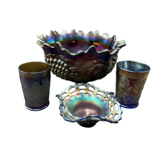 Lot of 4 Carnival Northwood Glass Blue, Purple, Grapes. Bowls and Cups (1 of 13)